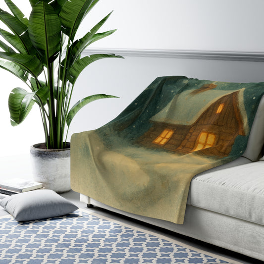Cozy Cabin Sherpa Fleece Blanket — 'Warm Glow' Winter Cottage Design